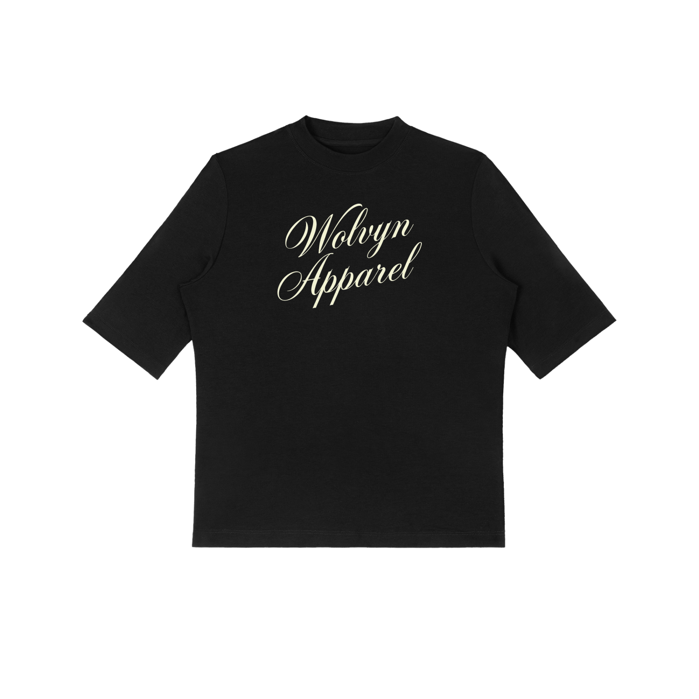 Black mock neck T-shirt with three-quarter sleeves and script logo on front