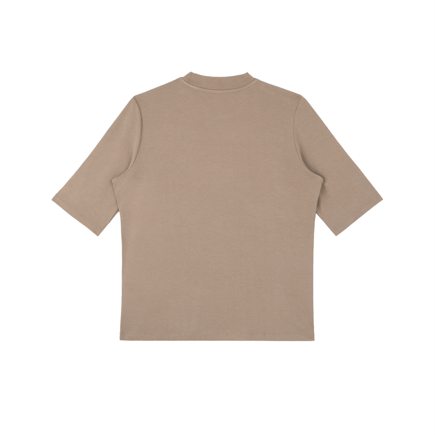 Beige women's mock neck 3/4 sleeve t-shirt laid flat on white background