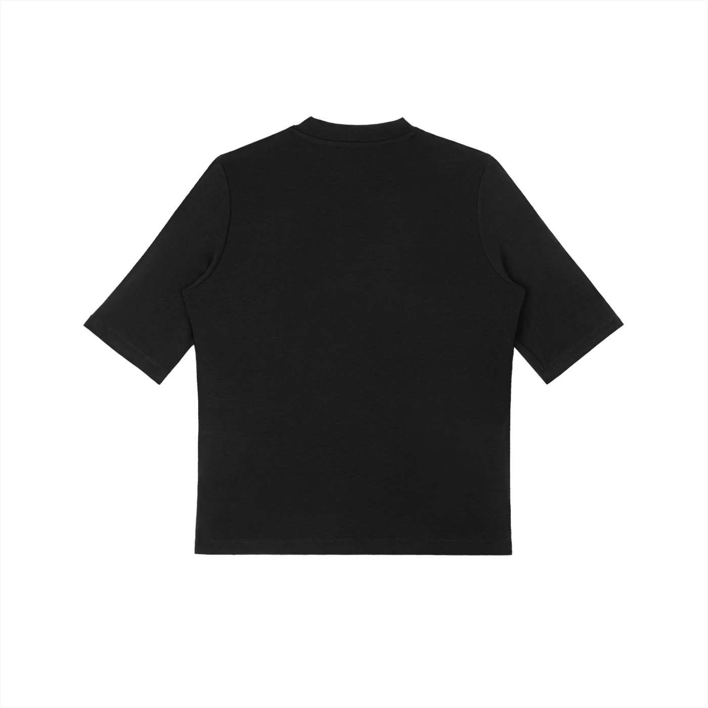 Back view of black women's mock neck 3/4 sleeve t-shirt on white background