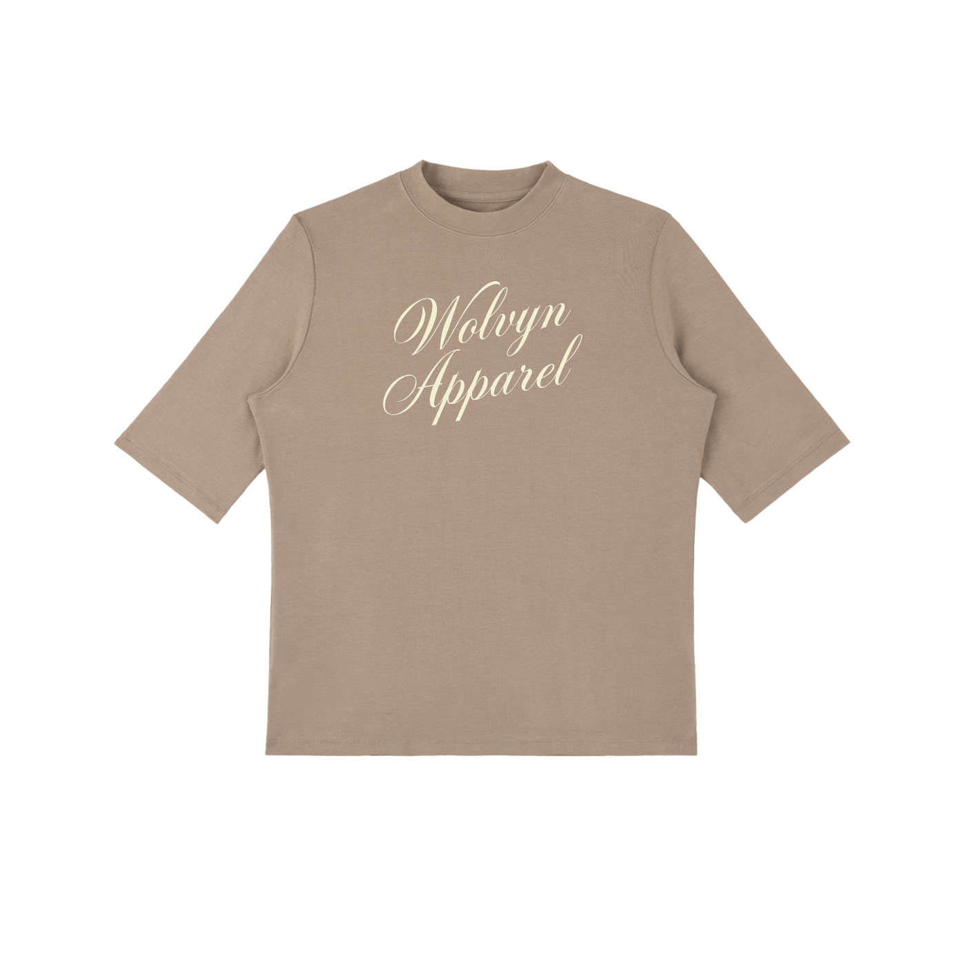 Taupe women's mock neck T-shirt with half sleeves and script logo on chest