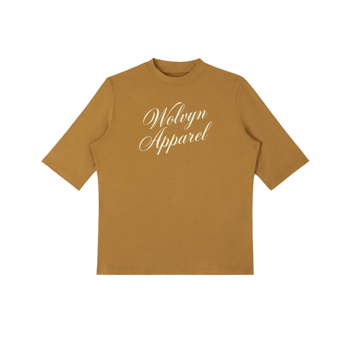 Mustard brown women's mock neck 3/4 sleeve t-shirt with 'Wolvyn Apparel' script front