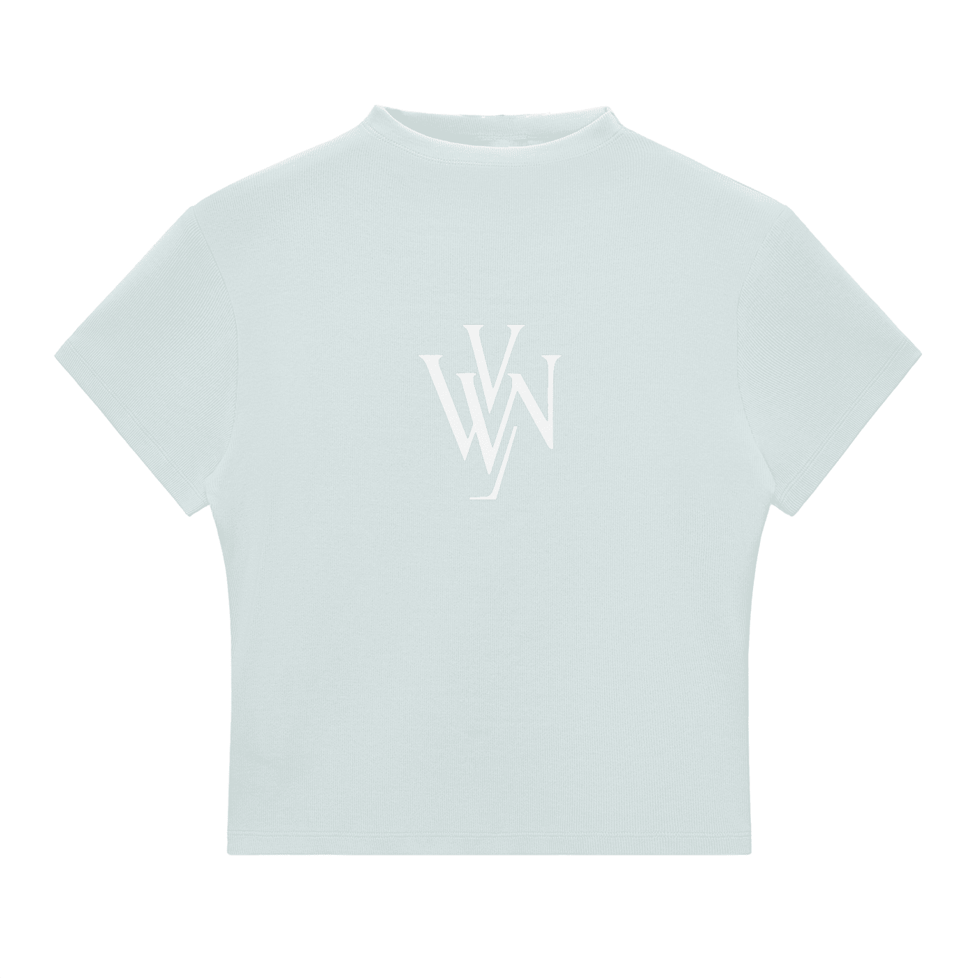 Light blue slim fit mock neck t-shirt for women with white monogram graphic on chest