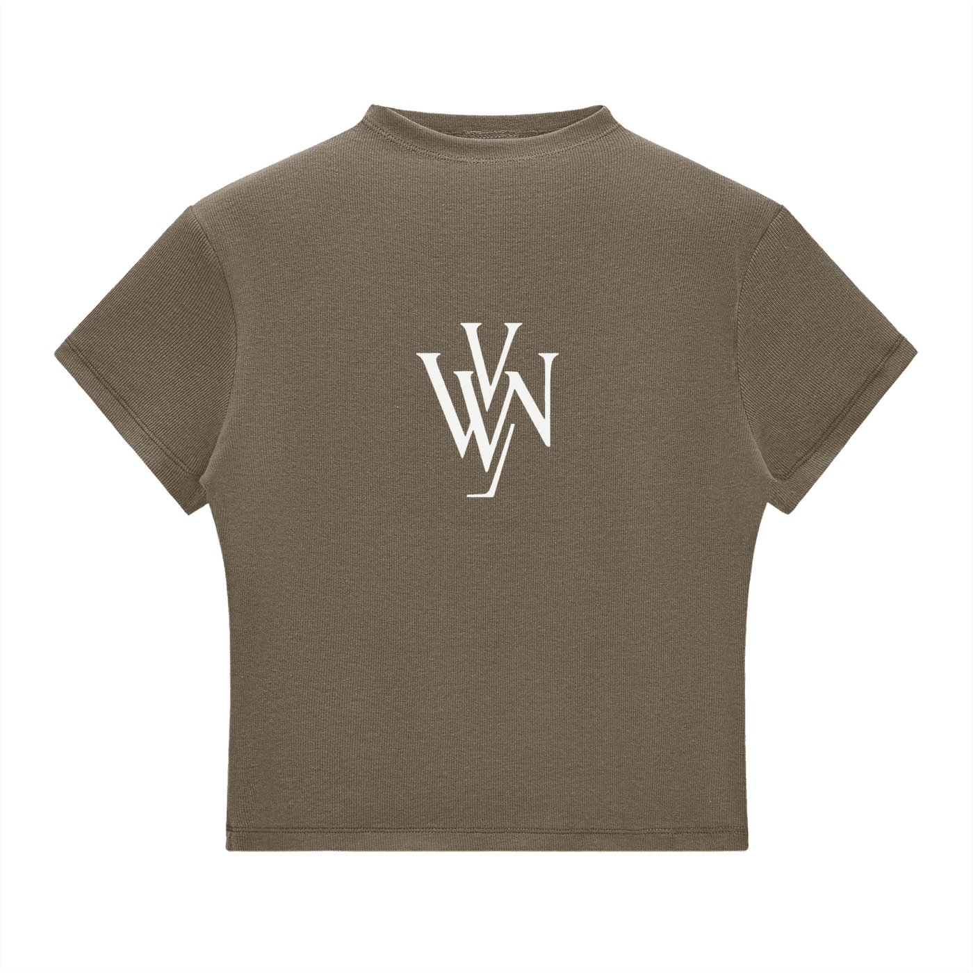 Ladies slim fit mock neck t-shirt in brown with white monogram back graphic
