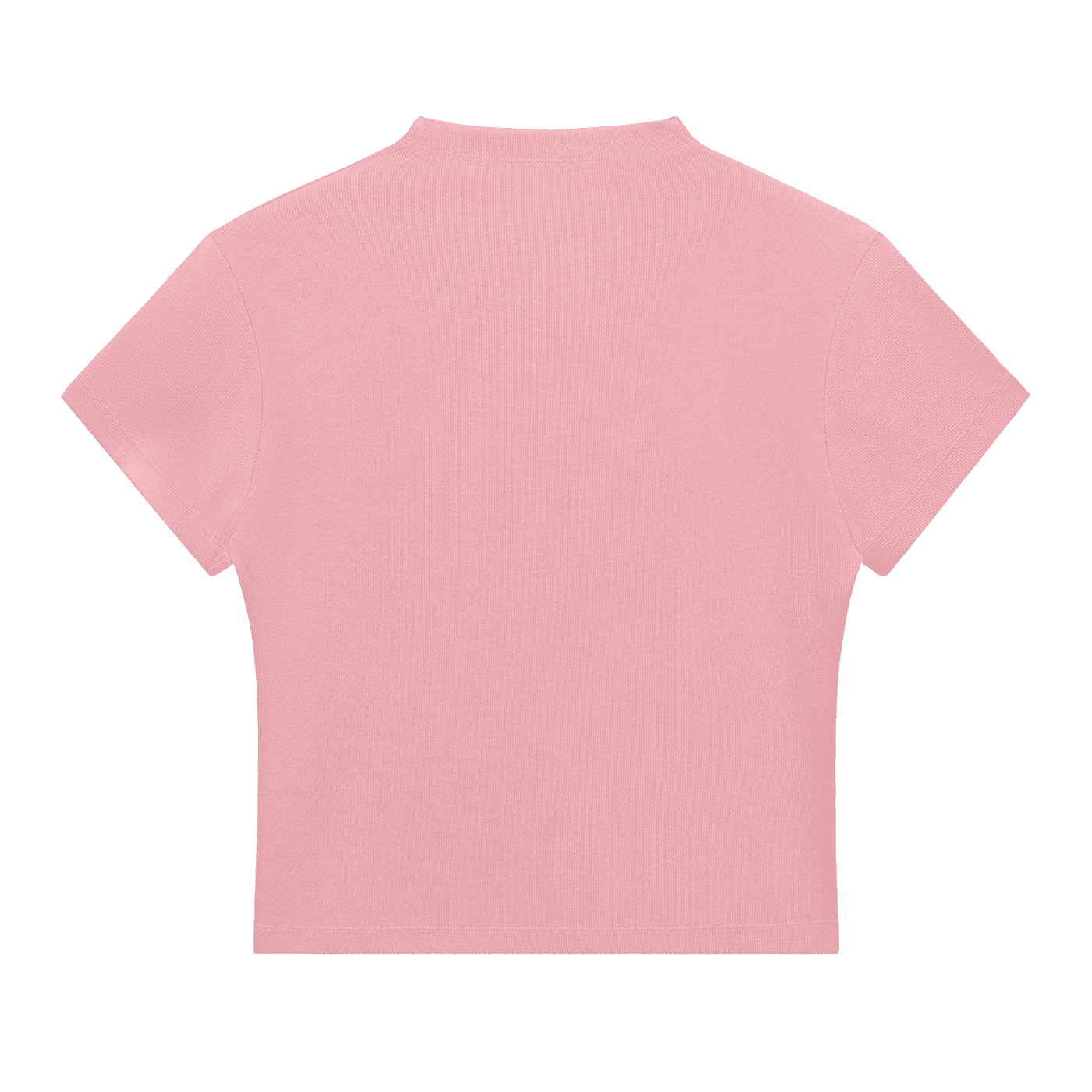 Back view of pink slim fit mock neck women's t-shirt with short sleeves