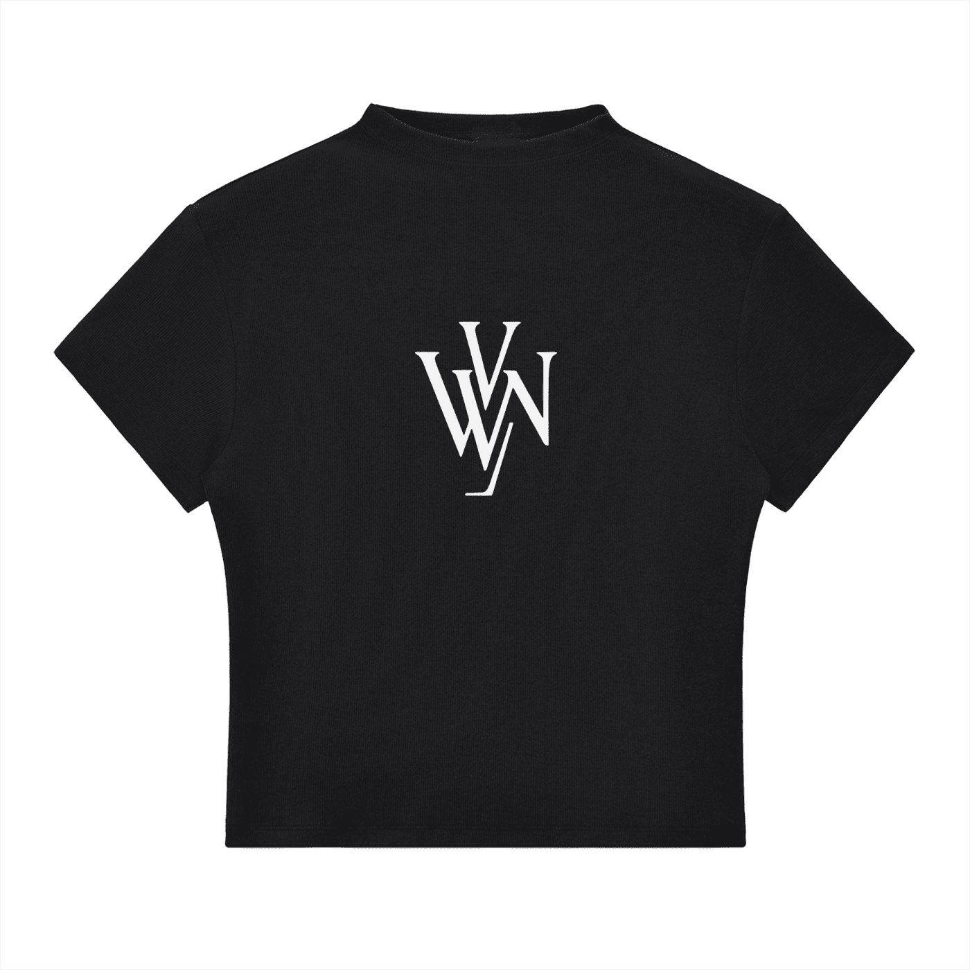 Black slim fit mock neck t-shirt with white monogram logo on chest, short sleeves, cropped style