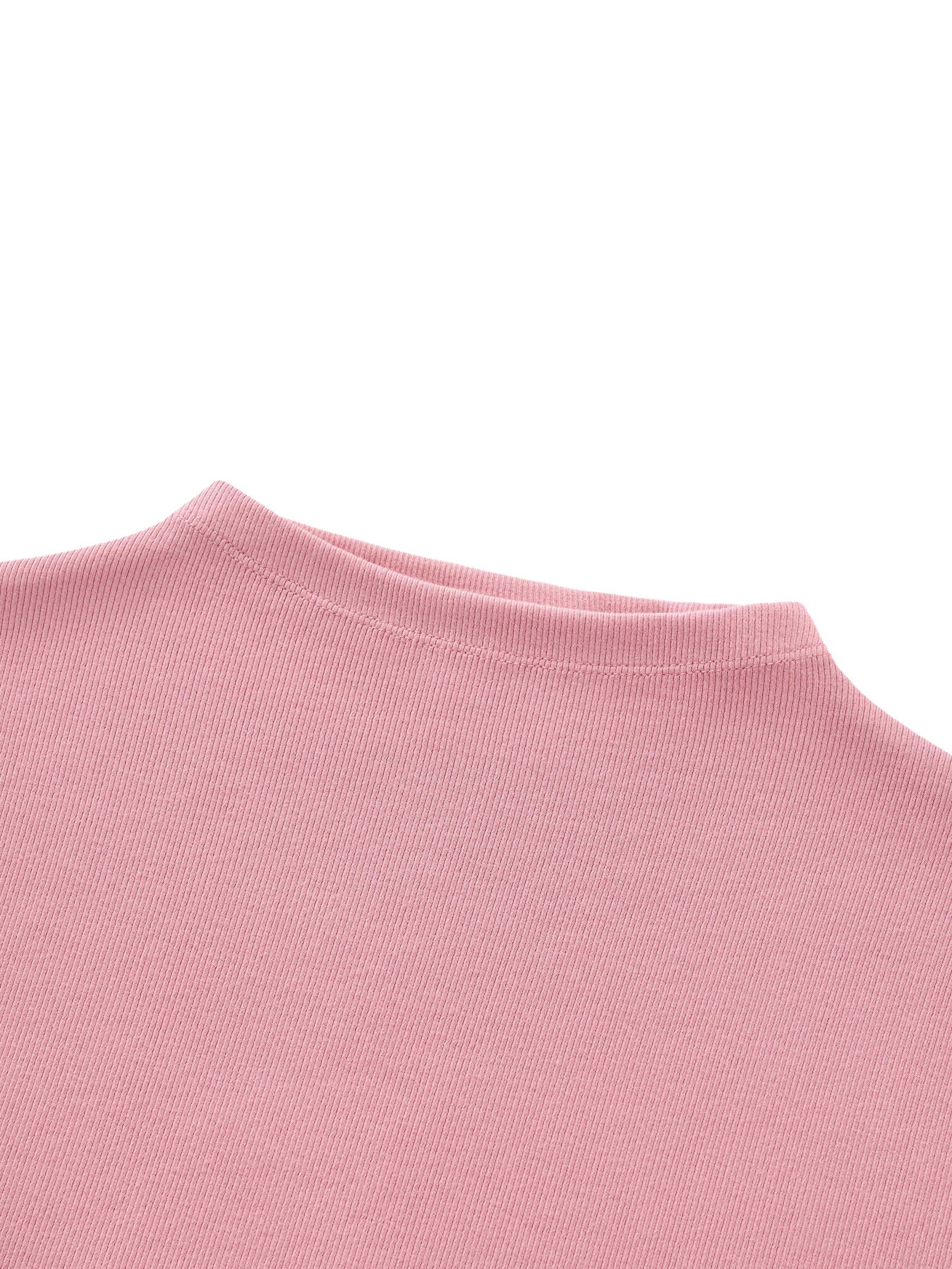 Close-up of pink ribbed slim fit mock neck t-shirt fabric and collar