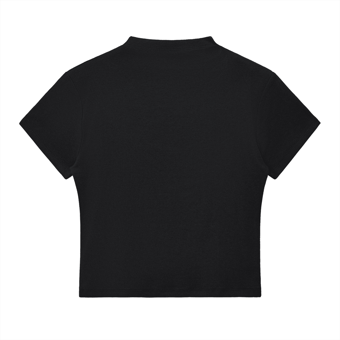 Back view of a black slim fit ladies mock neck t-shirt on white background