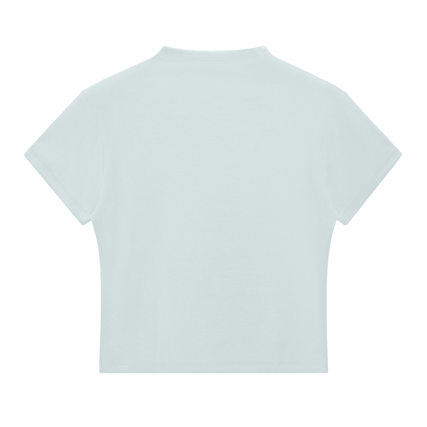 Back view of light blue women's slim fit mock neck t-shirt with short sleeves
