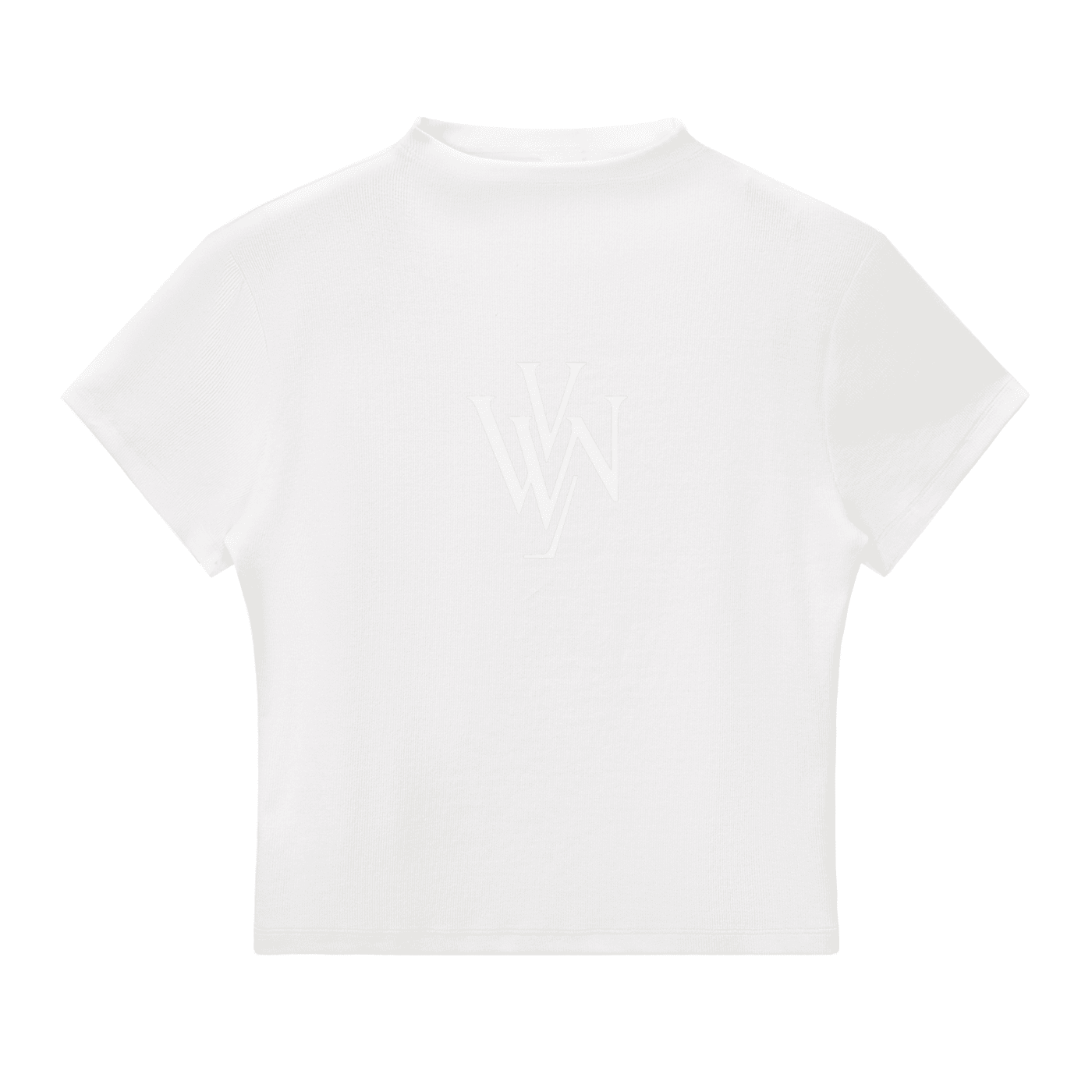 White slim fit mock neck short sleeve t-shirt with subtle monogram on back