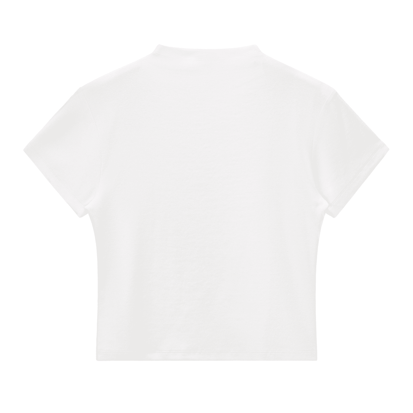 Back view of white slim fit ladies mock neck t-shirt with short sleeves