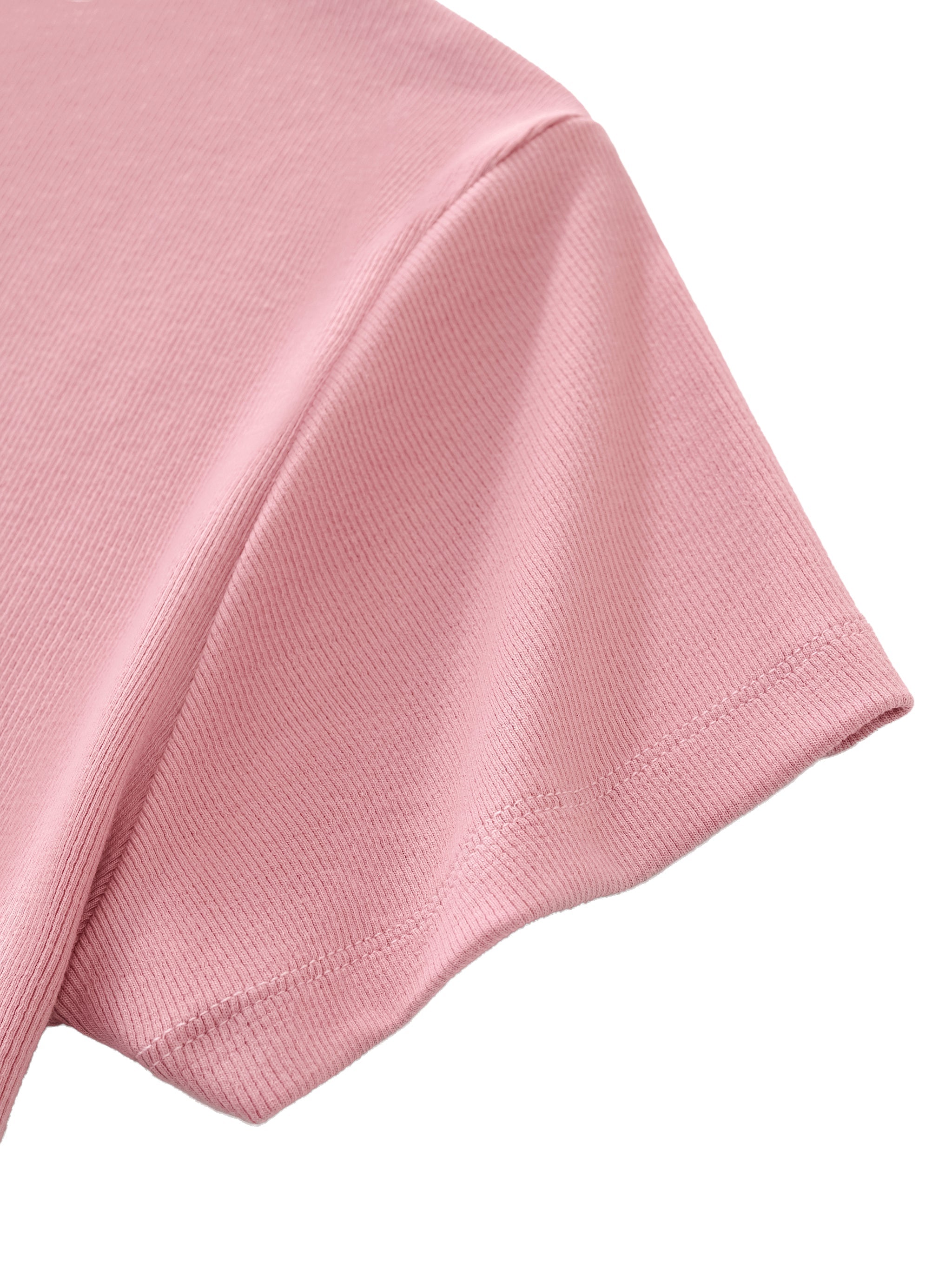 Close-up of pink ribbed slim fit mock neck t-shirt sleeve on white background