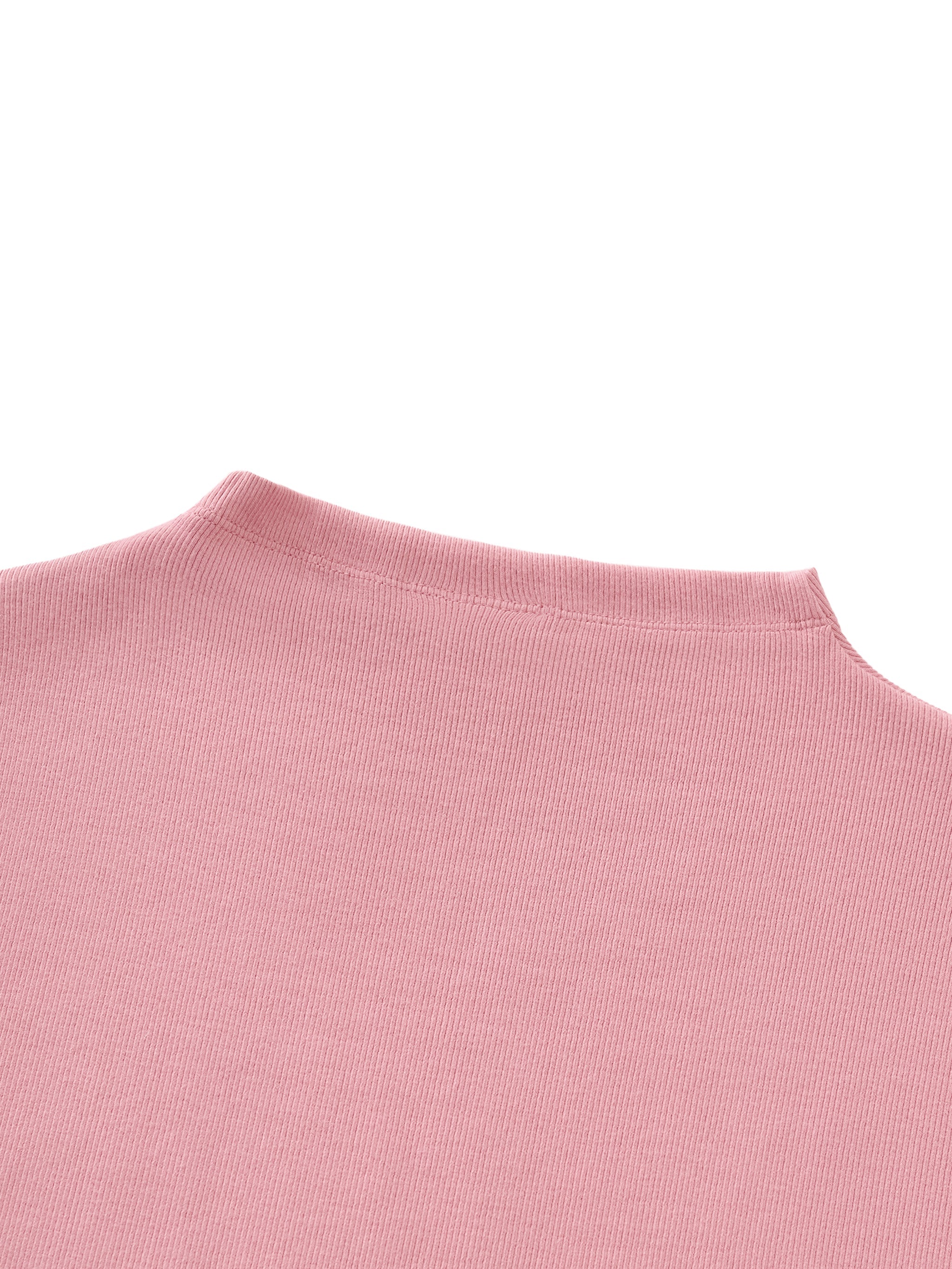 Close-up of pink ribbed slim fit mock neck t-shirt fabric and collar