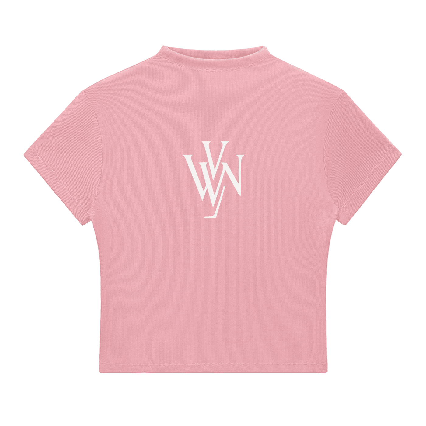 Pink women's slim fit mock neck t-shirt with white monogram graphic on chest