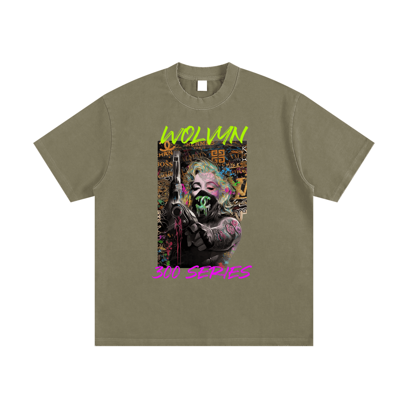 Heavyweight vintage washed khaki T-shirt with graffiti art graphic and bold neon text '300 Series'.