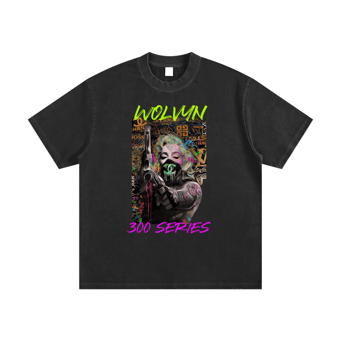 Heavyweight vintage black t-shirt with graffiti-style art, neon text, and tattooed figure graphic