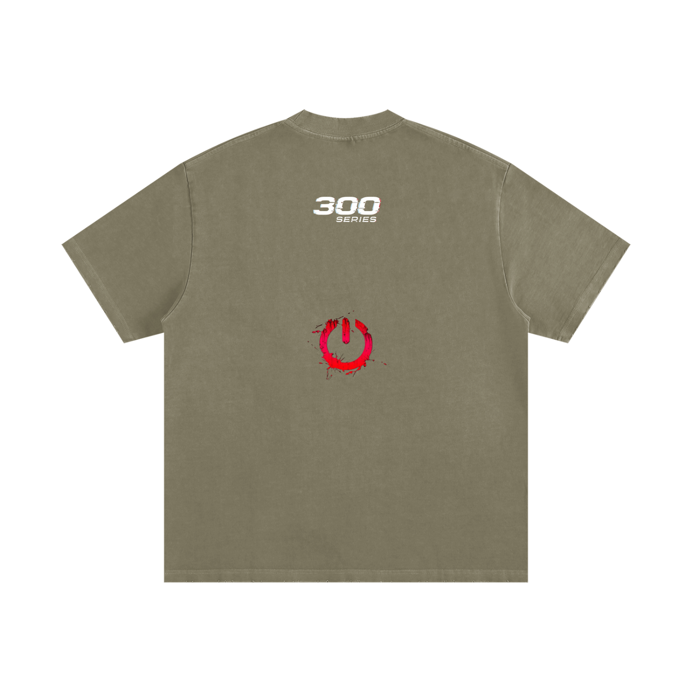 Olive heavyweight vintage washed t-shirt with white '300 Series' text and red power icon on back