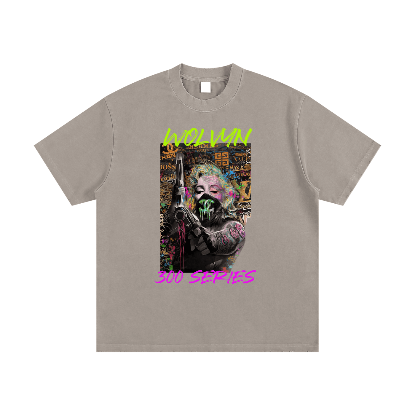 Heavyweight vintage washed t-shirt with neon graffiti art graphic and '300 Series' text.