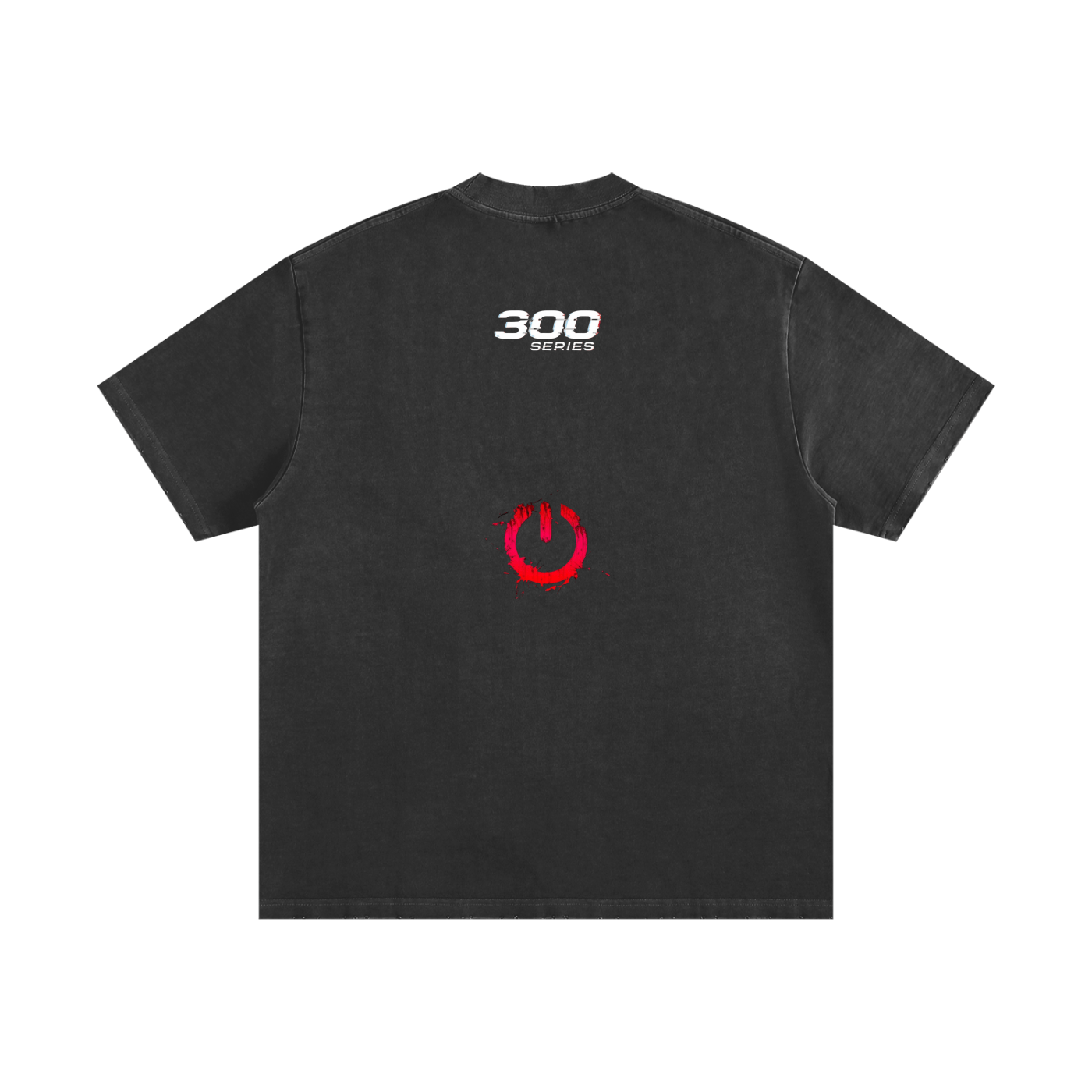 Heavyweight black t-shirt, vintage washed, back print with white '300 series' and red graphic symbol.