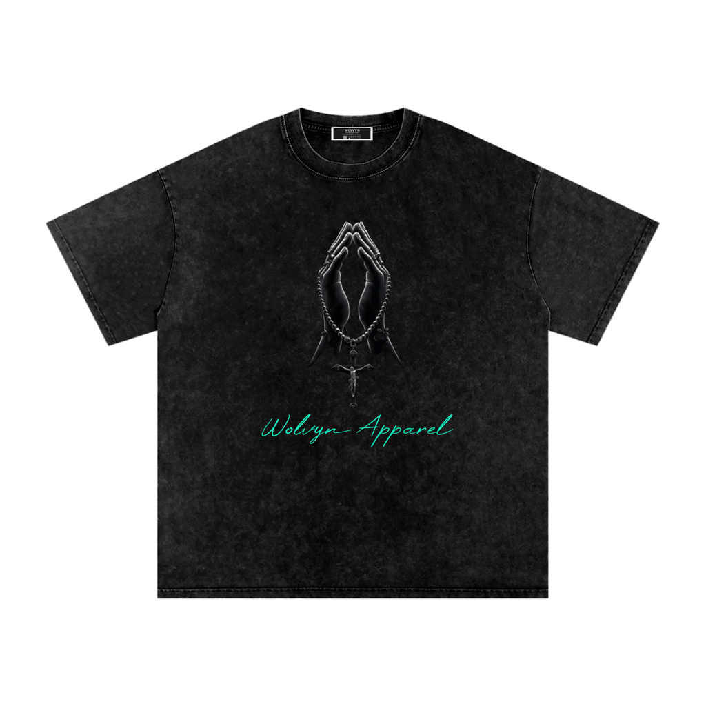 Wolvyn Praying Hands Snow Washed Oversized Cotton T-Shirt - Wolvyn Apparel