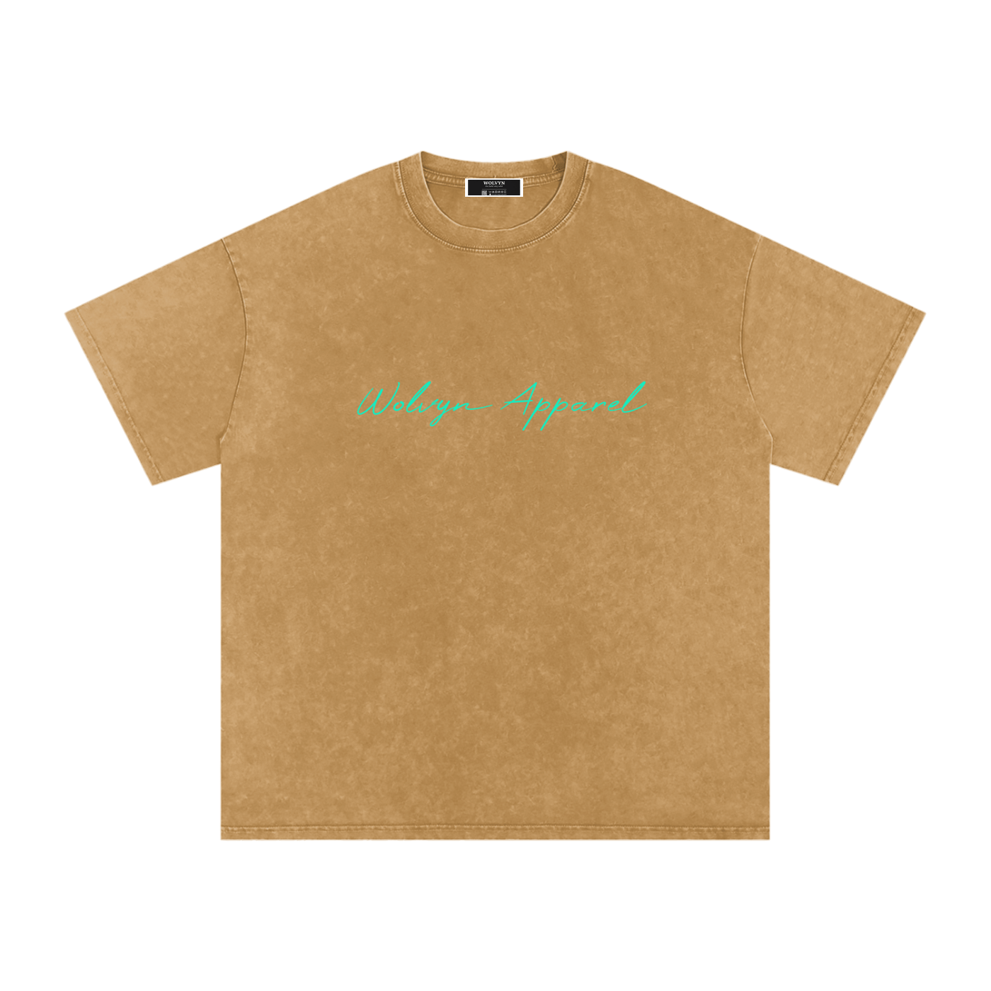 Brown snow-washed oversized cotton t-shirt with teal script text on chest