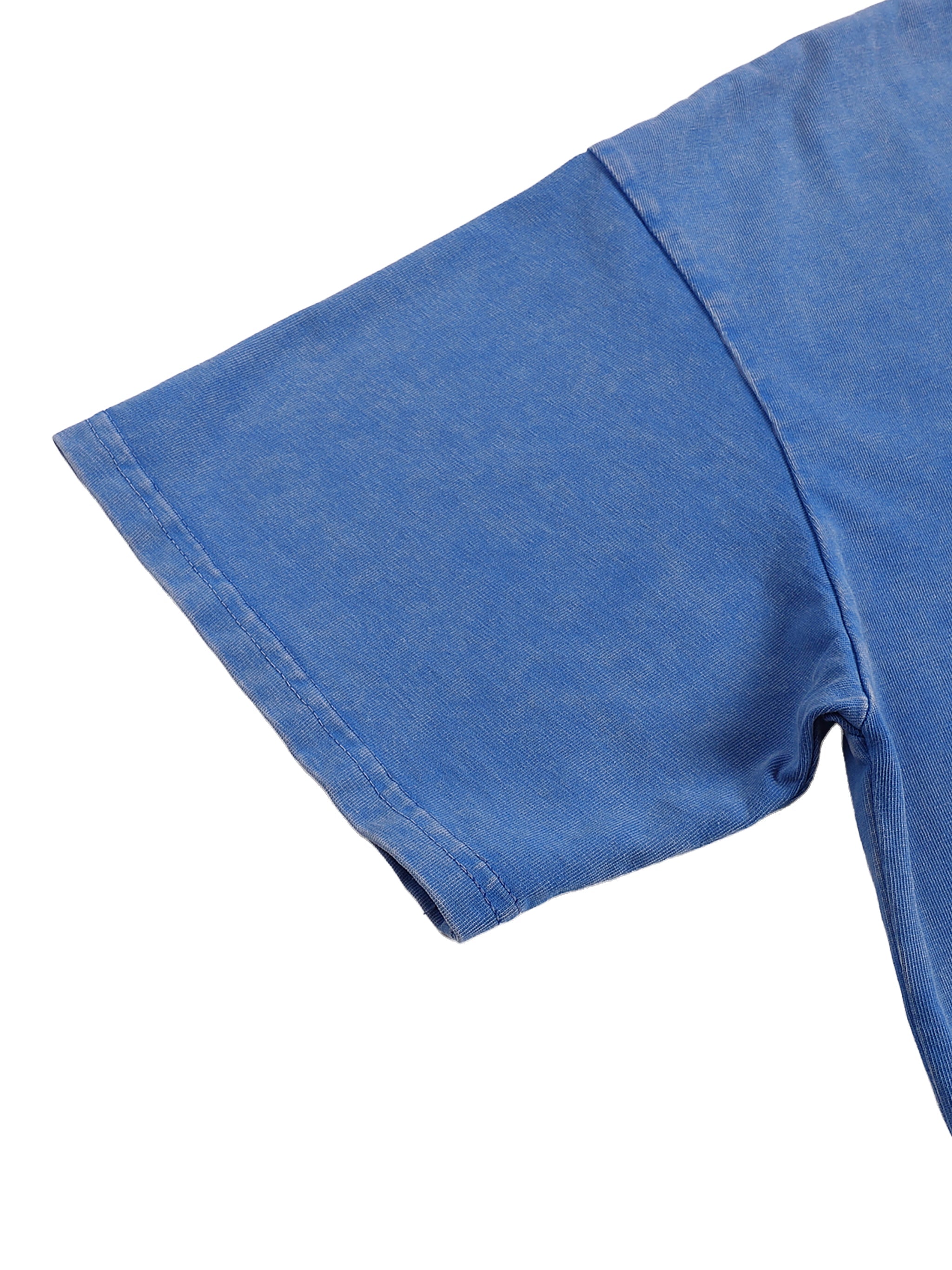 Detail of blue snow washed oversized cotton t-shirt sleeve on white background