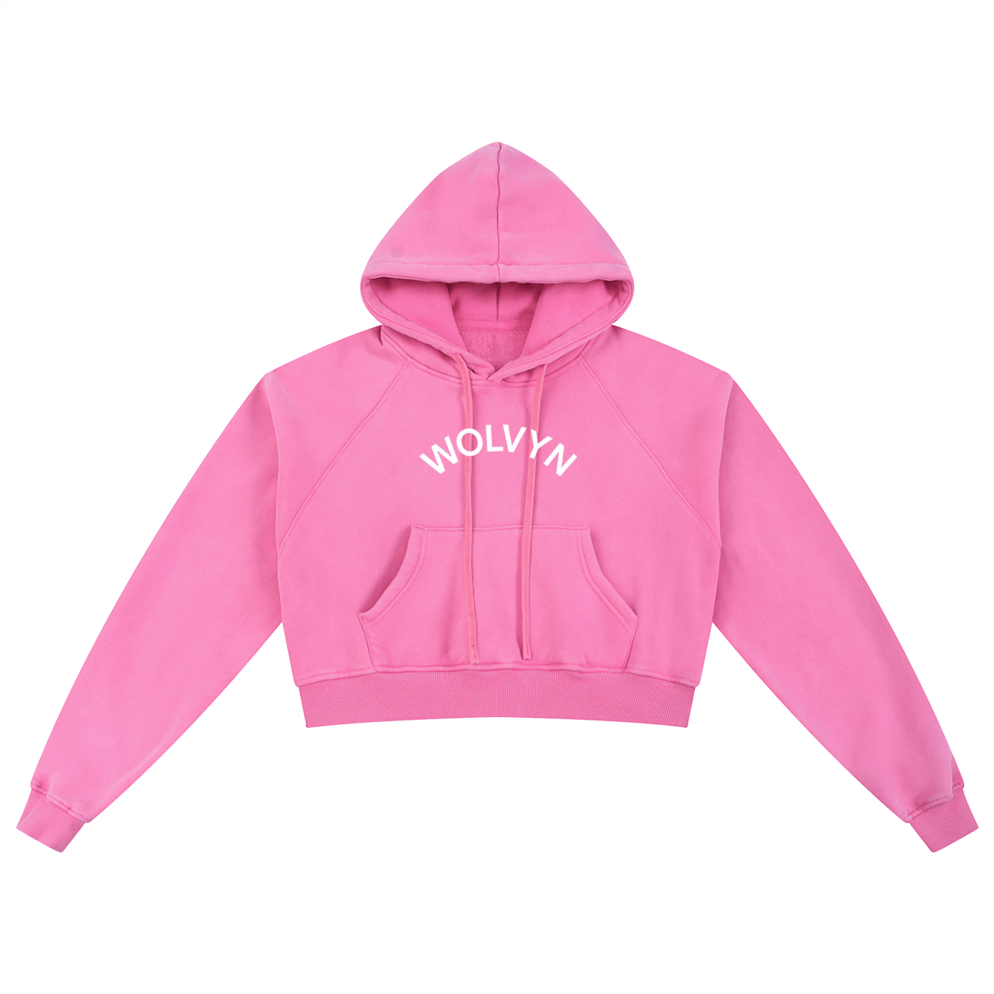 Pink cropped hoodie with front pouch pocket, hood, and 'WOLVYN' text on chest, streetwear style