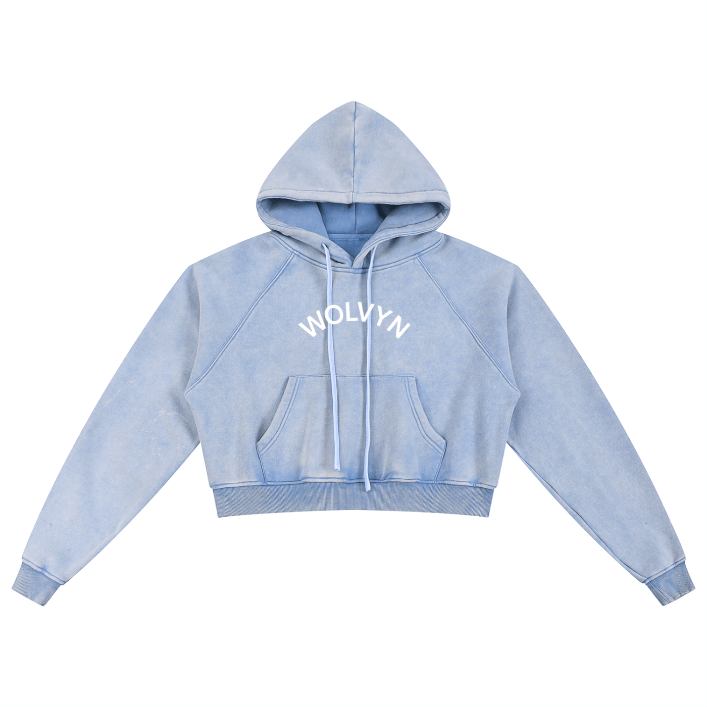 Light blue snow-washed cropped hoodie with front pocket, drawstrings, and WOLVYN text