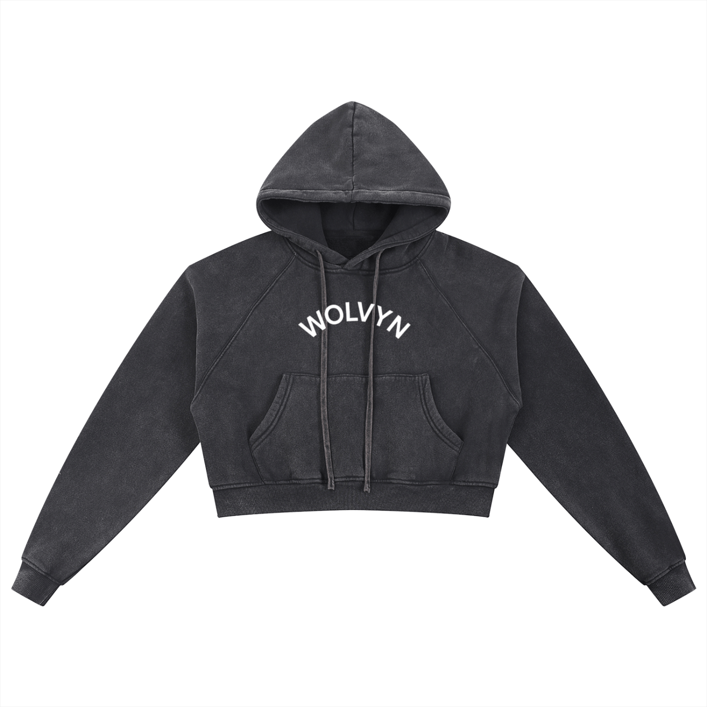 Snow washed black cropped hoodie with hood, front pocket, and bold WOLVYN text on chest