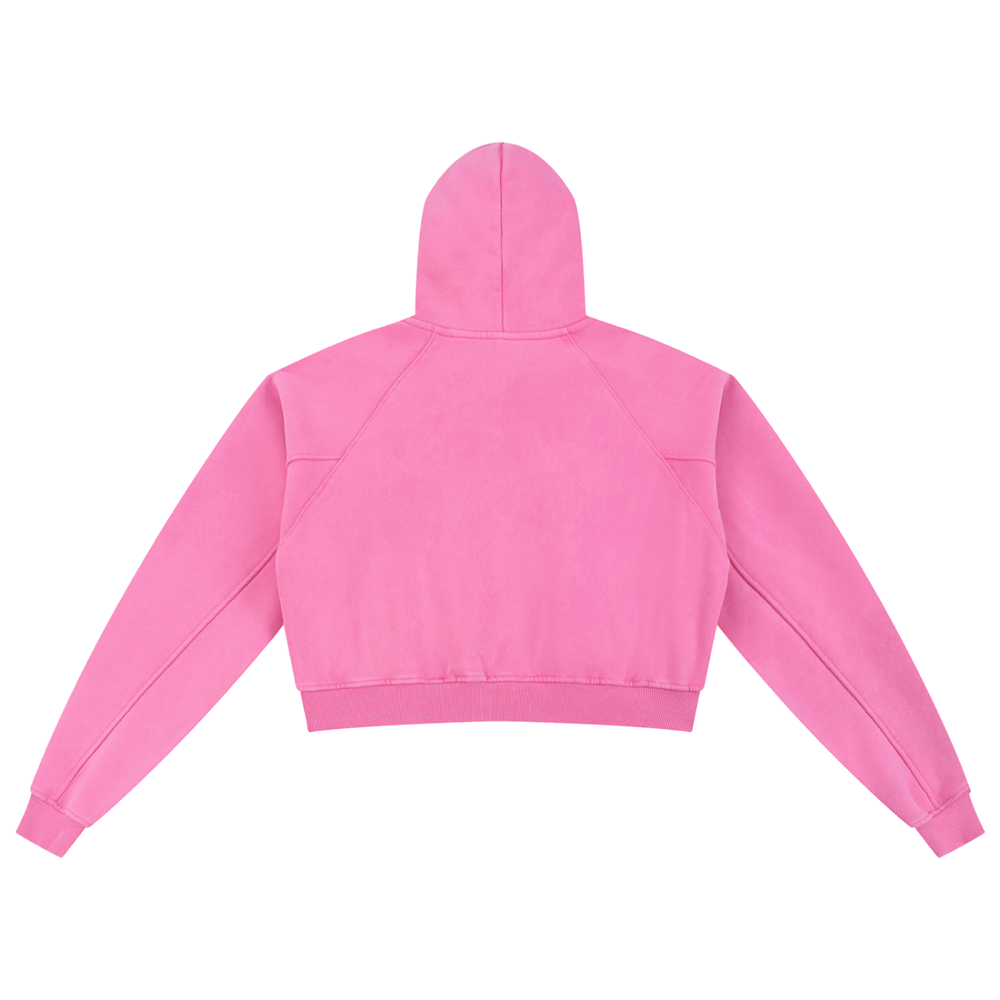 Back view of pink cropped hoodie with long sleeves and hood, streetwear style