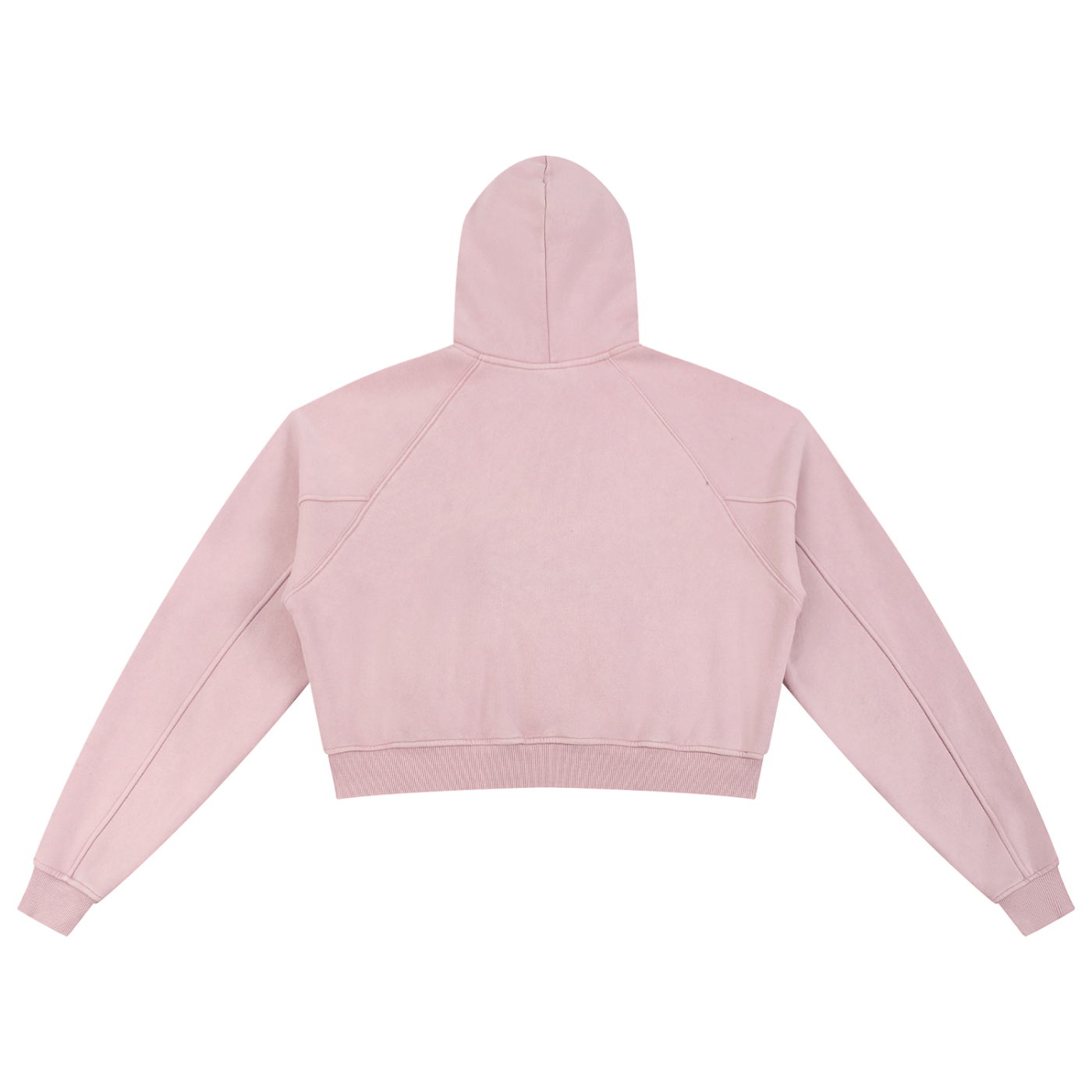 Back view of pink cropped hoodie with long sleeves and hood, streetwear style