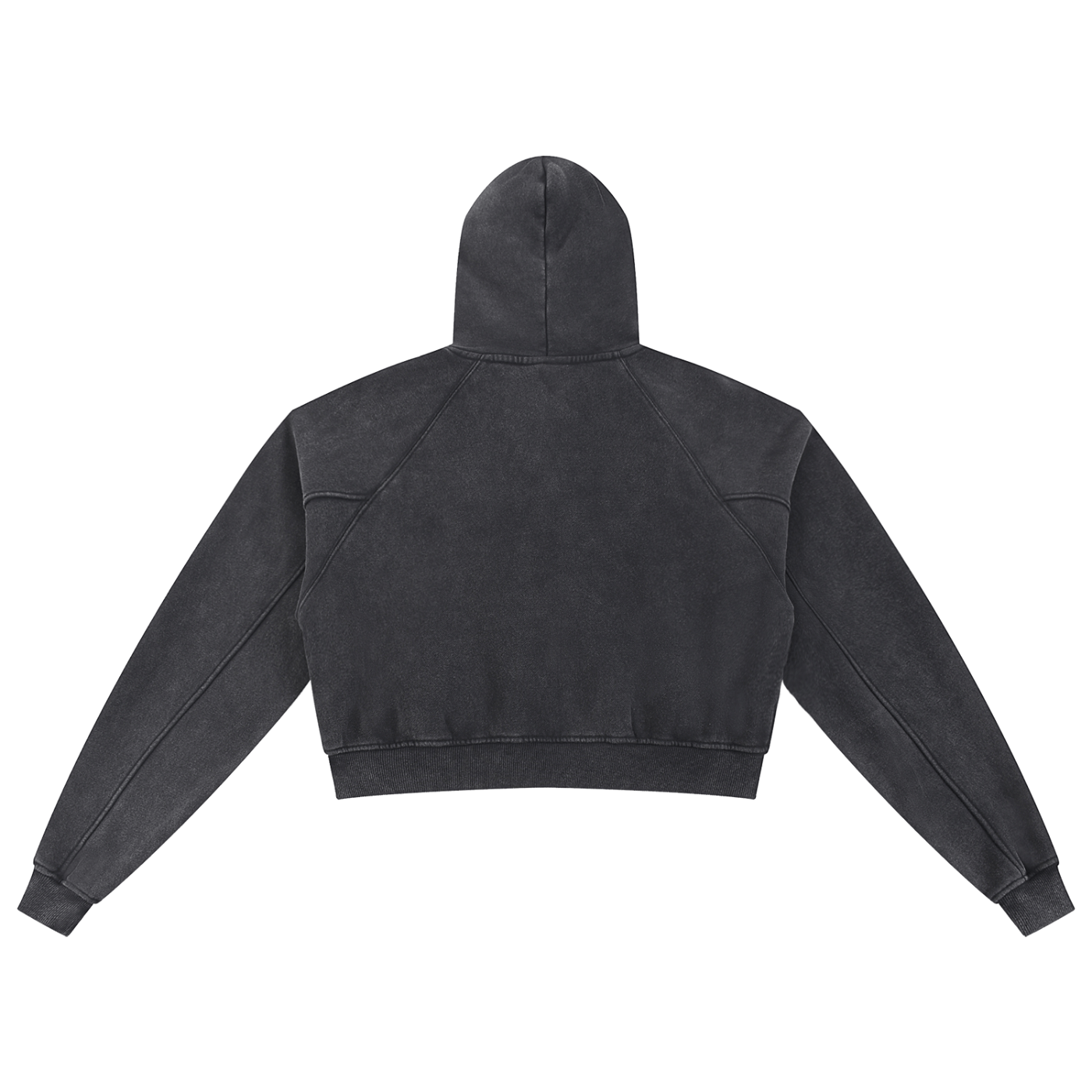 Back view of a black snow-washed cropped hoodie with long sleeves and hood.