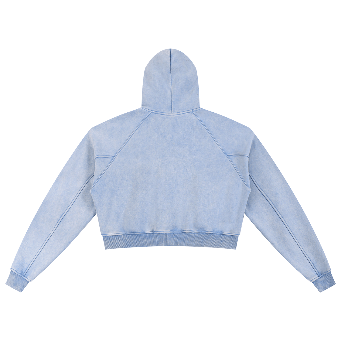 Back view of light blue snow-washed cropped hoodie with long sleeves and hood