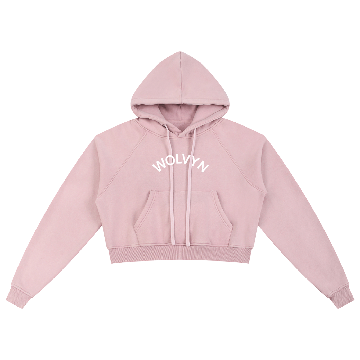 Snow washed pink cropped hoodie with front pocket, drawstring hood, and WOLVYN text