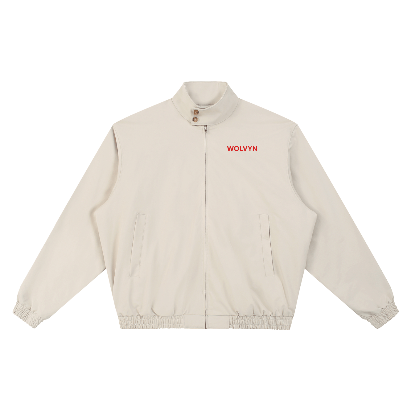 Beige stand collar bomber jacket with front zipper, pockets, and red logo text on chest