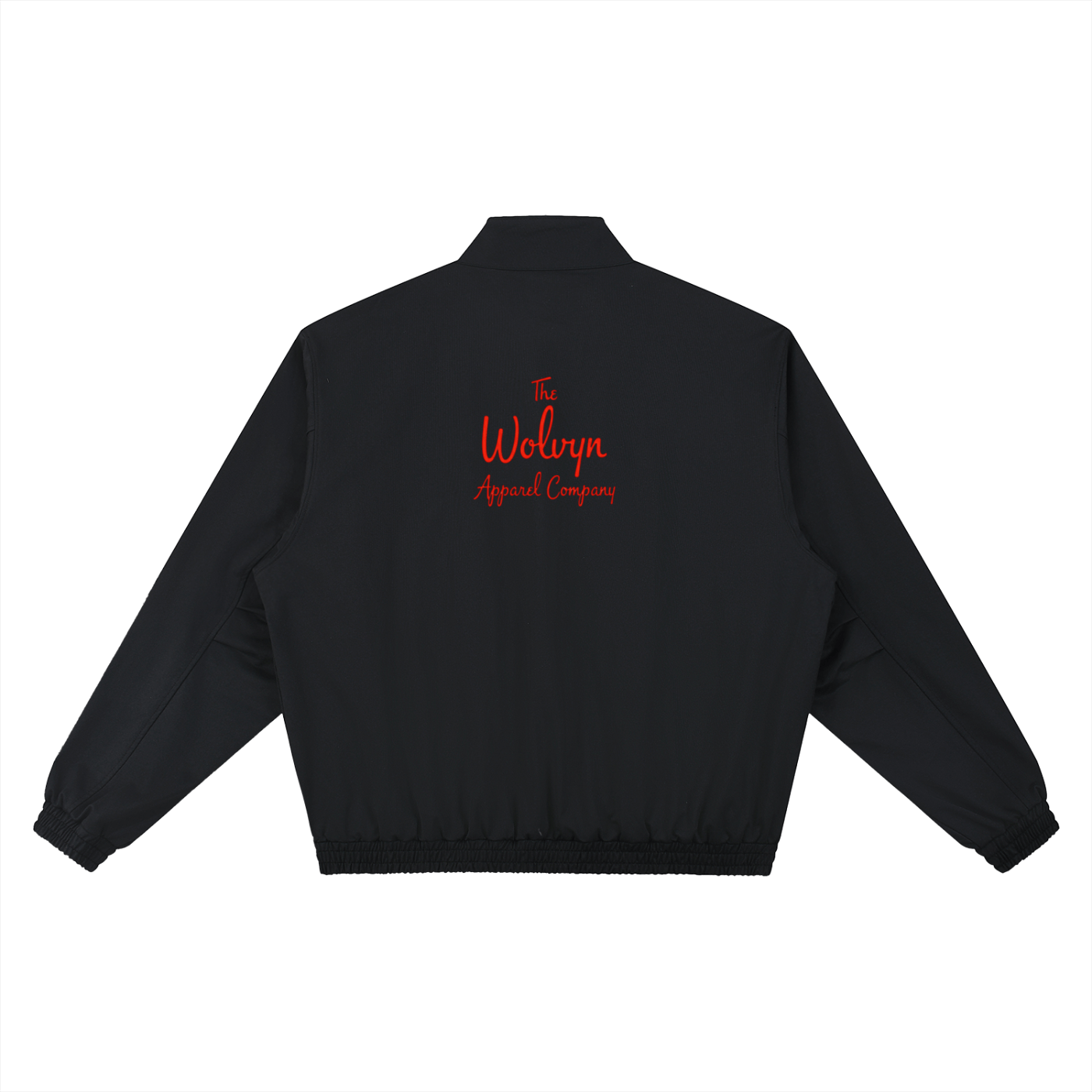 Black stand collar bomber jacket with red embroidered text on the back, streetwear style