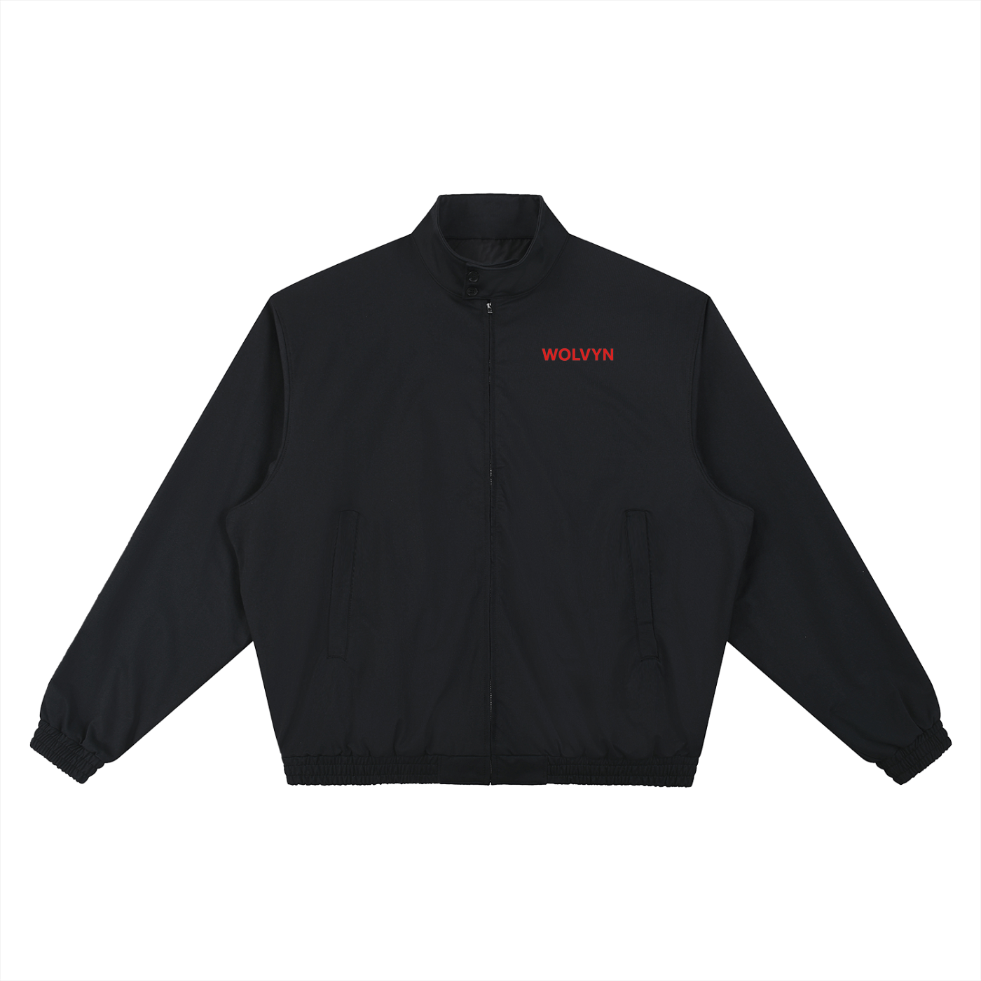 Black stand collar bomber jacket with front zipper and red 'WOLVYN' text on chest
