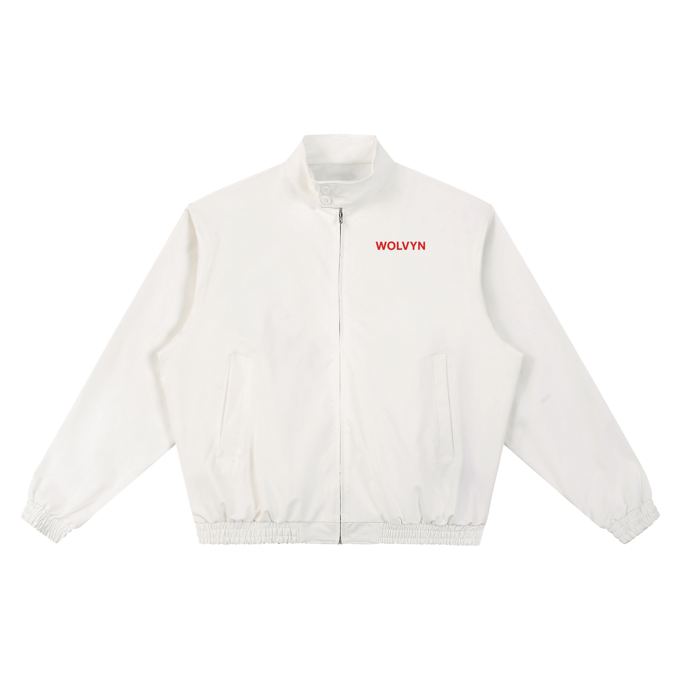 White stand collar bomber jacket with zip closure and red WOLVYN text on chest