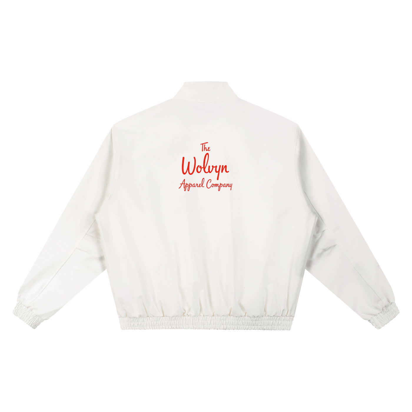 White stand collar bomber jacket with red script logo on back, streetwear style