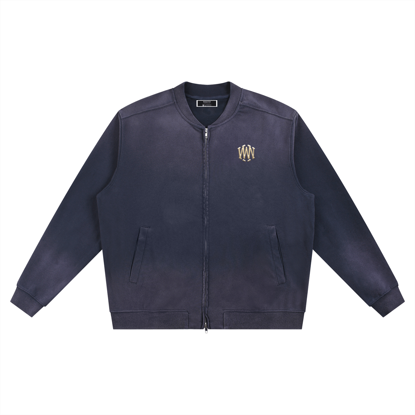 Heavyweight navy baseball jacket with sun-fade effect and gold chest logo on white background.