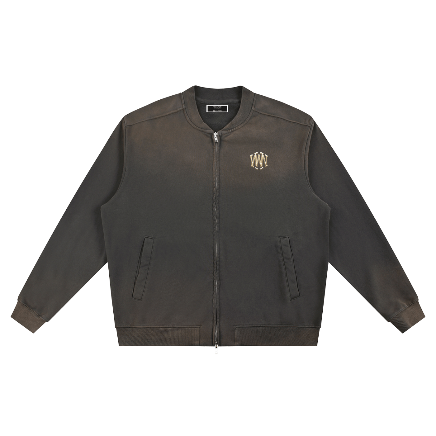 Sun fade heavyweight black baseball jacket with front zip and embroidered chest logo