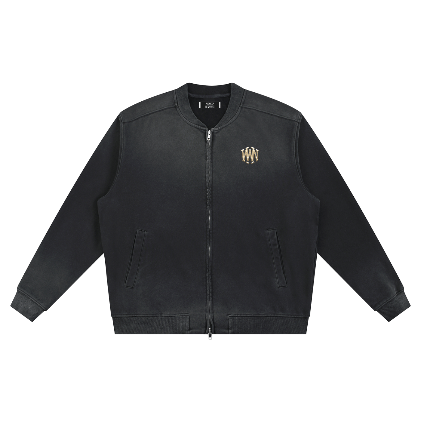 Black heavyweight baseball jacket with sun-fade effect and gold embroidered chest logo