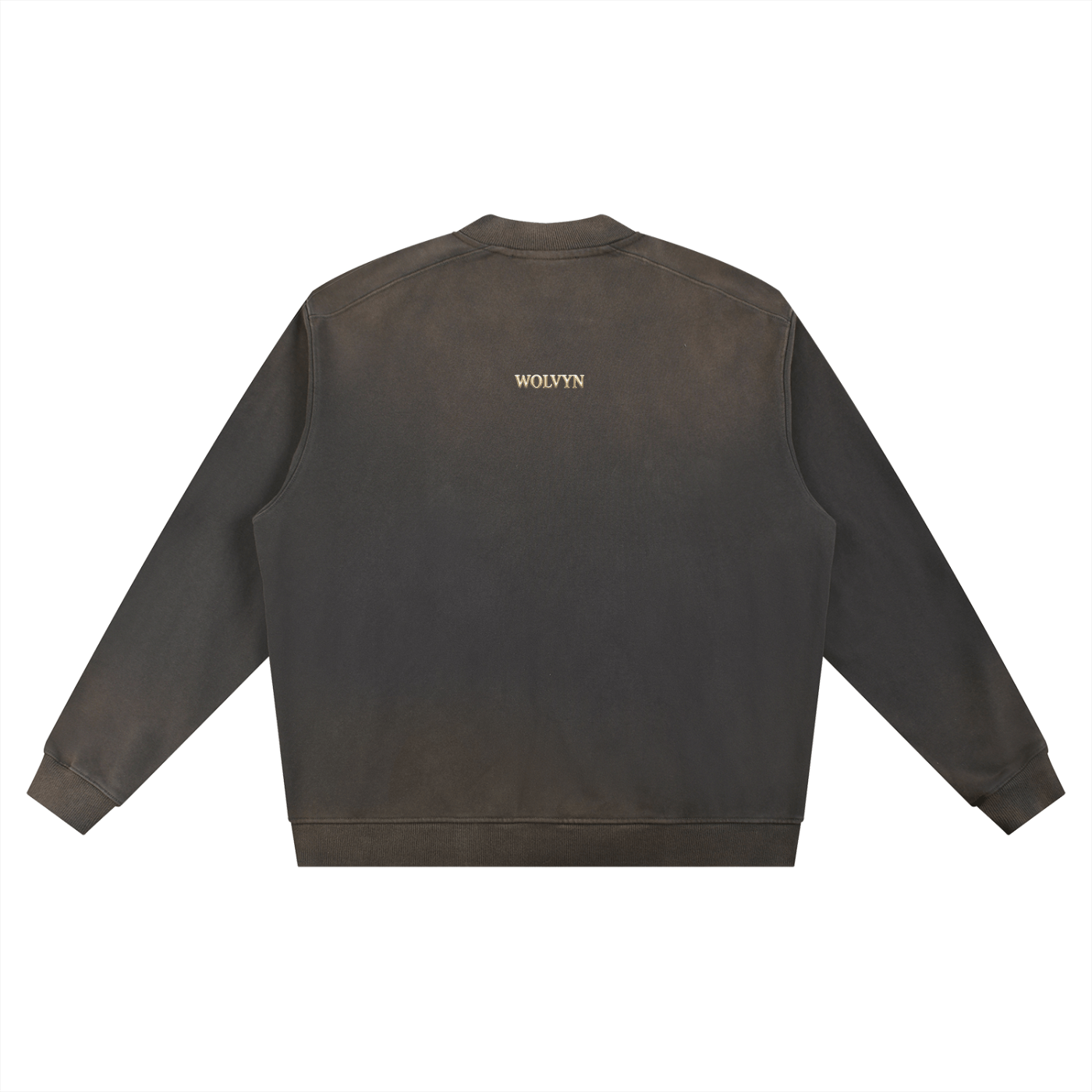 Back view of heavyweight faded black baseball jacket with subtle logo embroidery