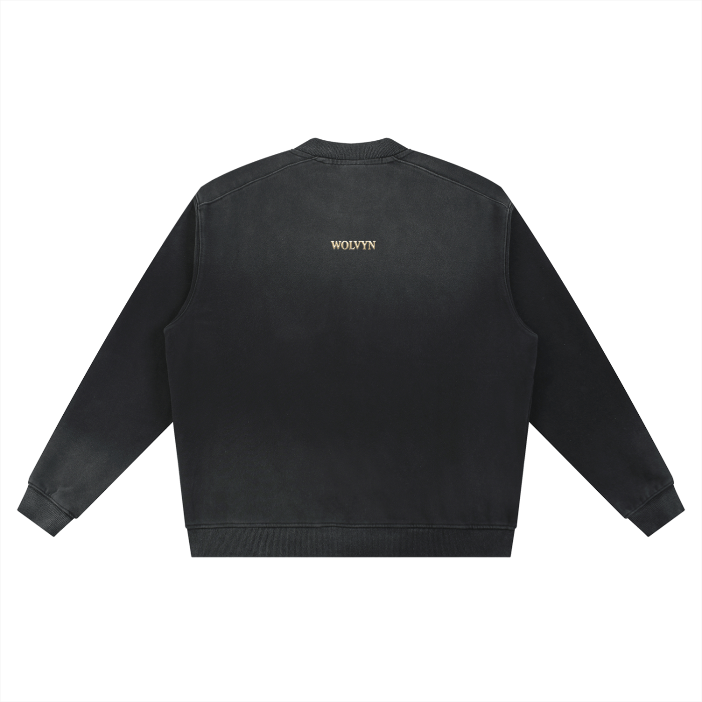 Black heavyweight baseball jacket with subtle sun-fade effect and gold WOLVYN text on back