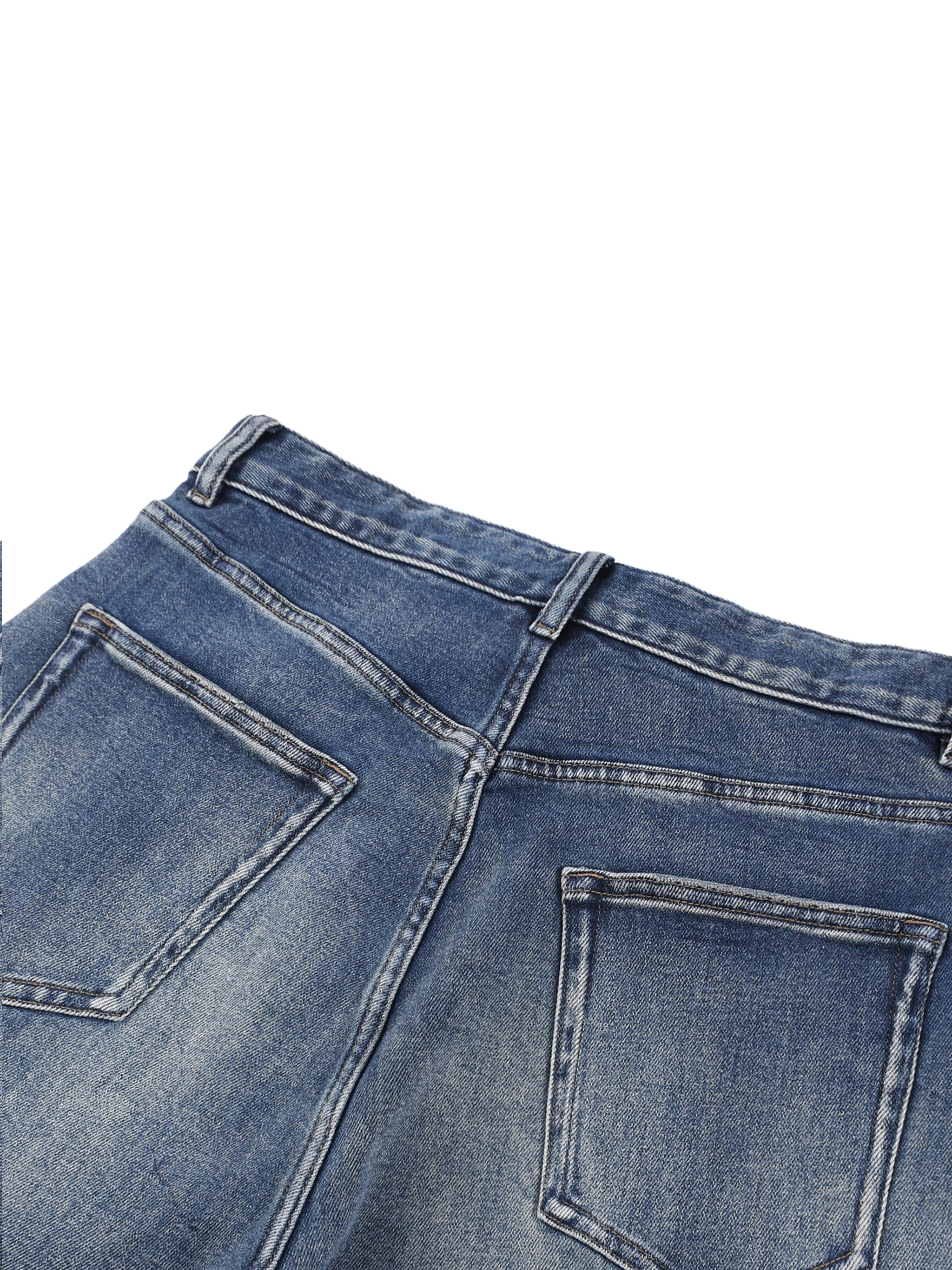 Heavyweight blue denim jeans with sun-faded wash and visible rear pockets