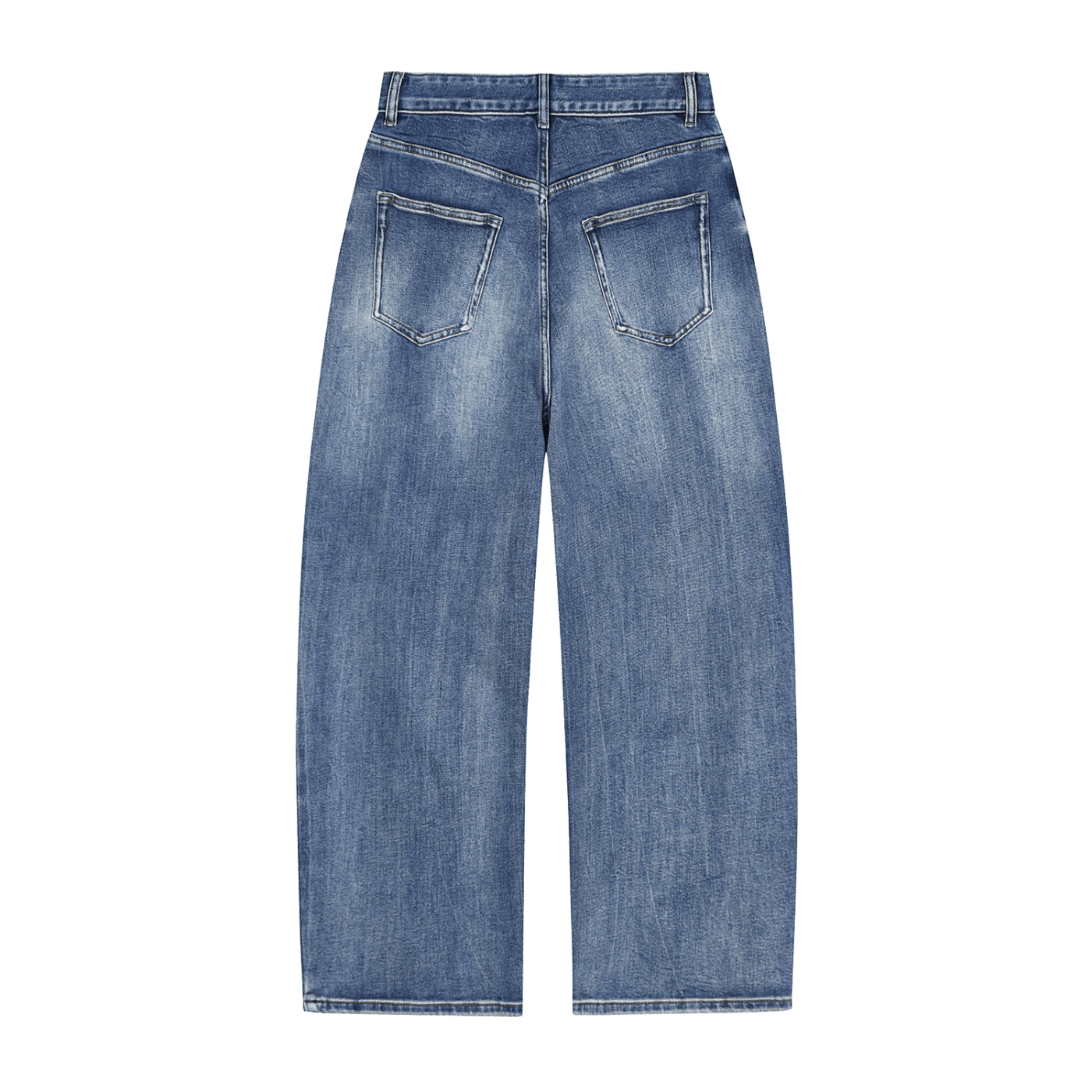 Back view of heavyweight denim jeans with sun-fade wash and wide leg fit on white background