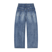 Back view of heavyweight denim jeans with sun-fade wash and wide leg fit on white background