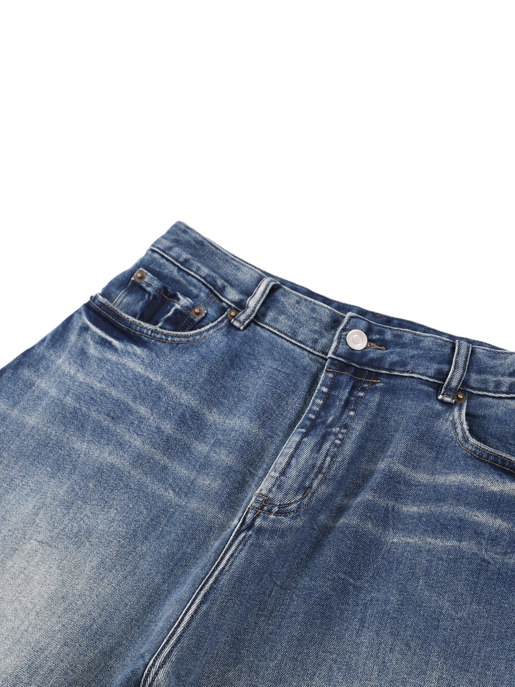 Heavyweight denim jeans with sun-faded wash and classic five-pocket design on white background