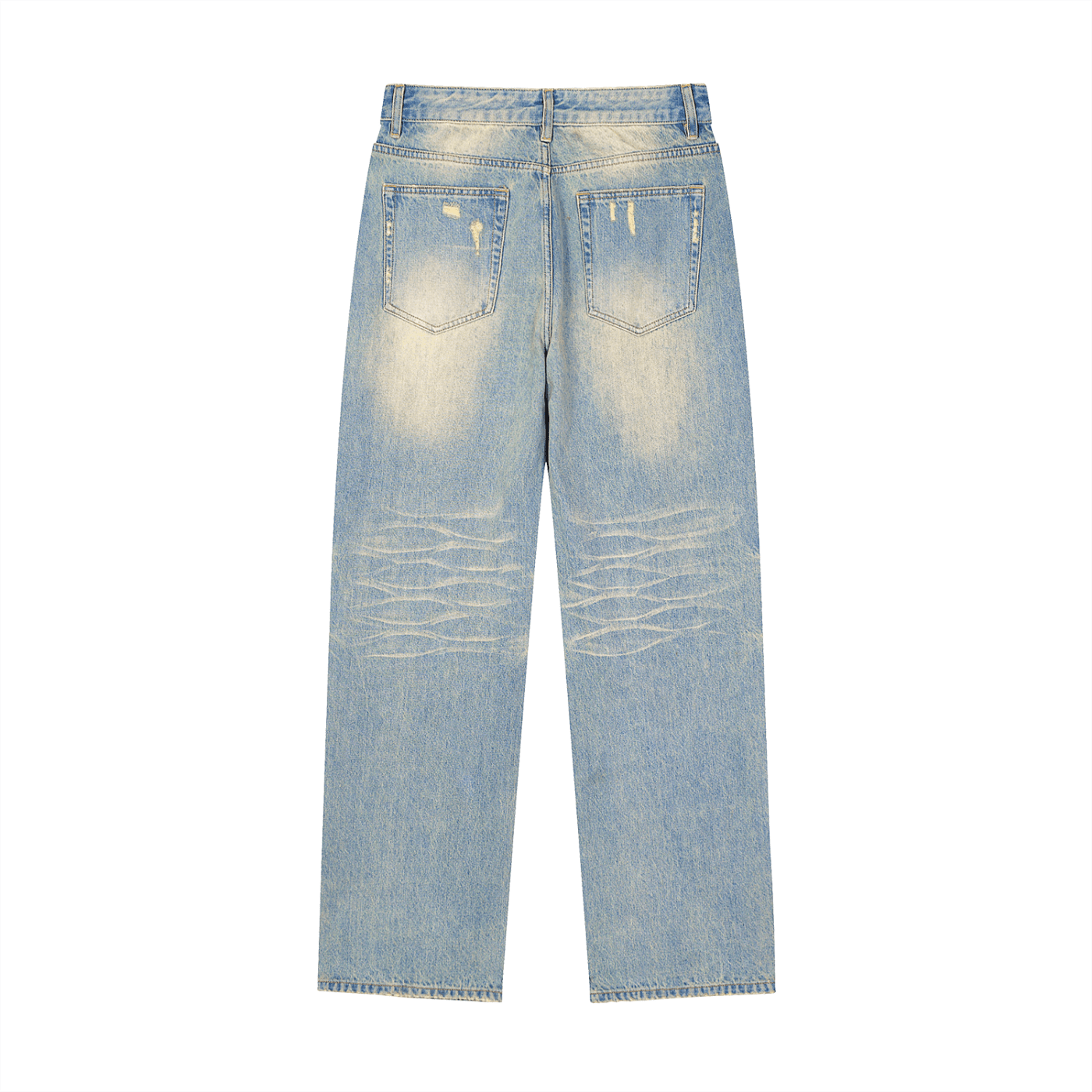 Light blue raw hem denim jeans with sun-faded wash, distressed details, and back pockets