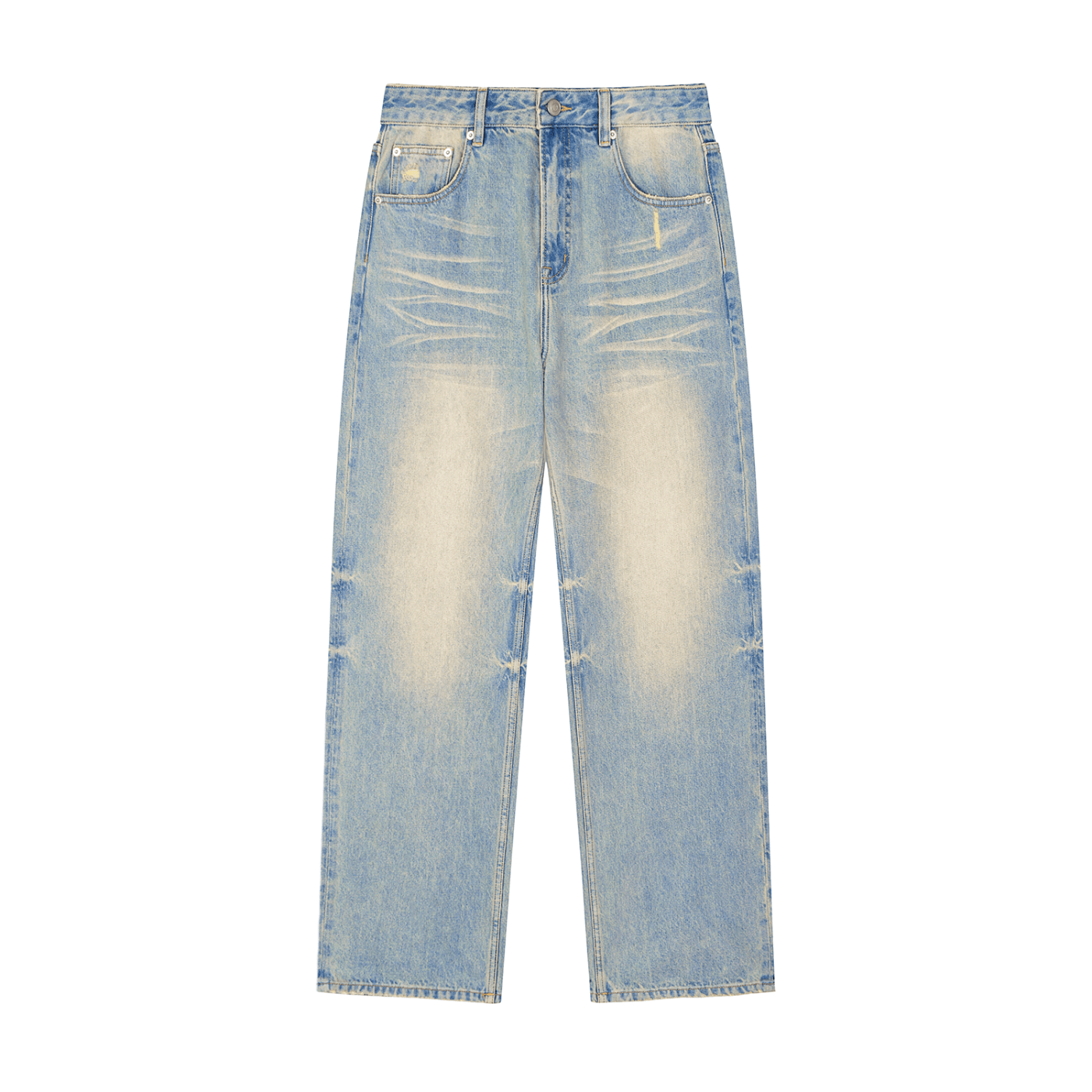 Light wash straight leg denim jeans with sun-faded effect and raw hem, flat lay view