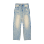 Light wash straight leg denim jeans with sun-faded effect and raw hem, flat lay view